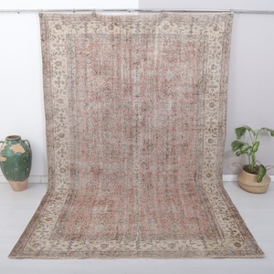 Handmade Pastel Turkish Rug 7x11: Neutral Faded Anatolian Rug