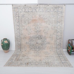 7x10 Vintage Turkish Oushak Rug: Muted Pastel Oversize Wool Rug