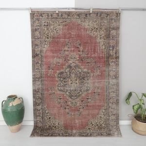 1960s Red Vintage Turkish Rug, 5x7 Oushak Wool Anatolian Rug