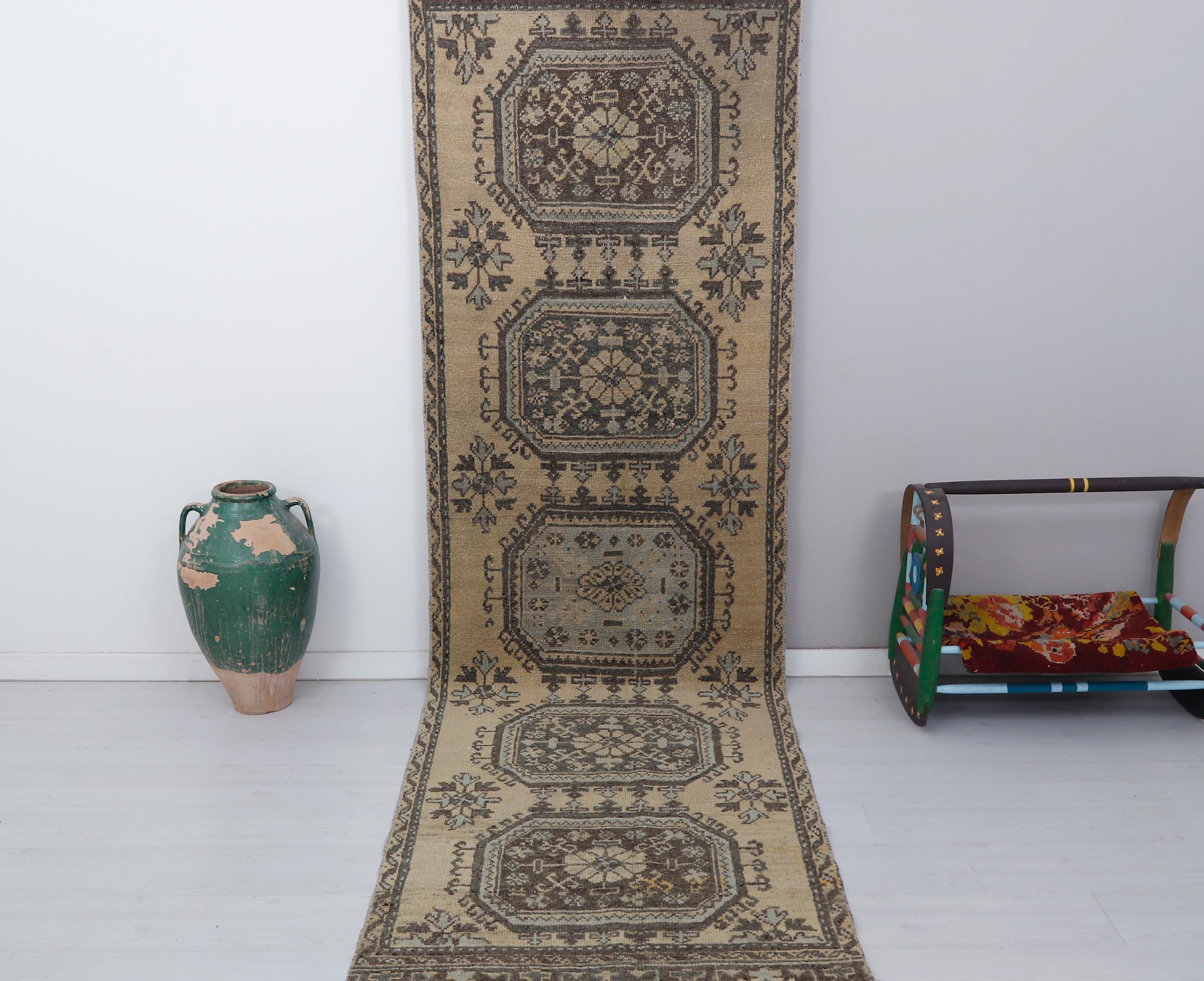 Vintage Turkish Oushak Runner Rug: 3x11 Cotton Wool Anatolian Rug