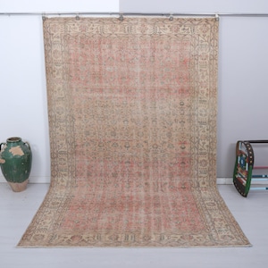 7x10 Vintage Oushak Rug: Neutral Muted Colors, Handmade Turkish Anatolian Rug