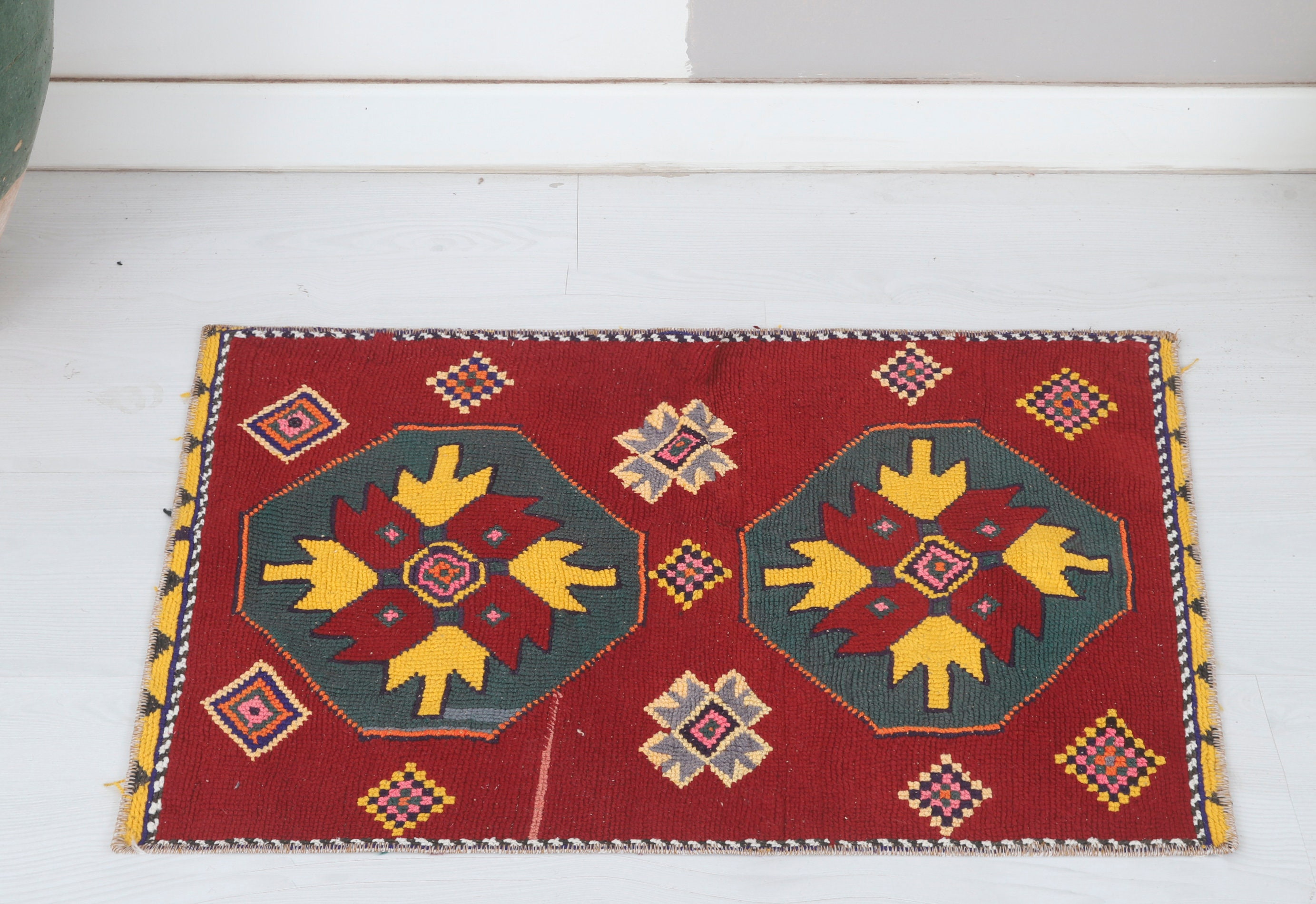 Red Yellow Small Rug, Small Vintage Door Mat, 2x3 Rug, Turkish Area Rug ...