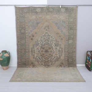Tapis Oushak en laine fait main : tapis vintage turc anatolien pastel 7 x 9