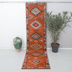 Handmade Oushak Runner Rug: 3x10 Vintage Turkish Corridor Rug