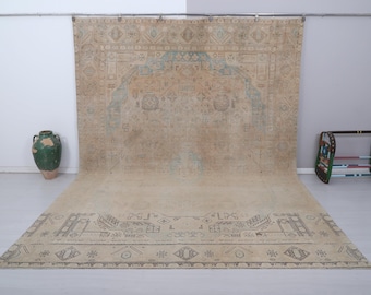 Tapete turco Oushak vintage grande 10x12: lã e algodão feitos à mão
