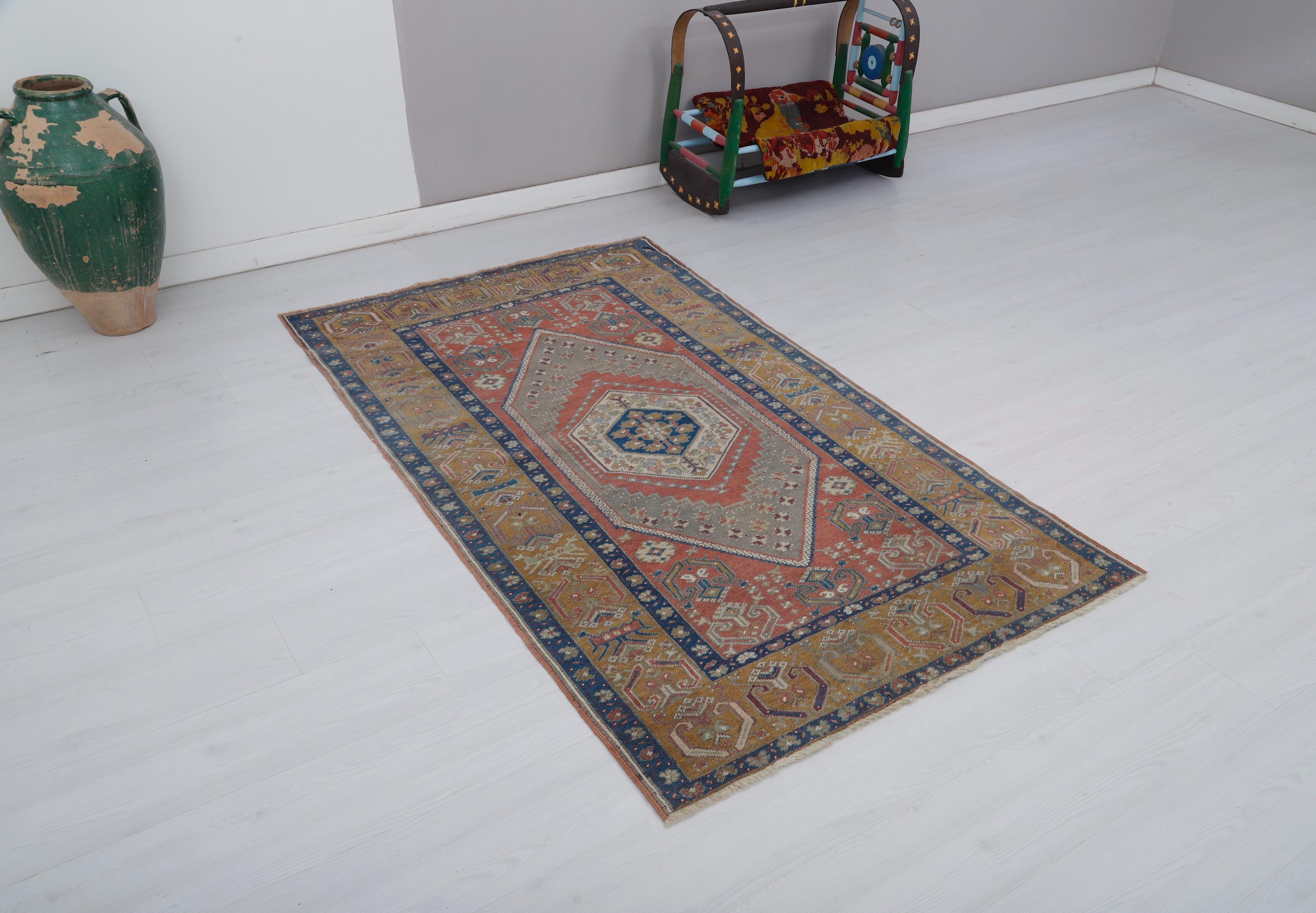 3x6 Vintage Turkish Wool Rug: Small Oushak Anatolian Rug