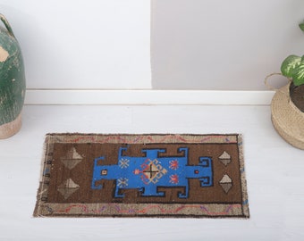 Brown Blue Vintage Rug, Mini Rug, 1x3 Doormat Rug, 1x3 Rug, Doormat Rug Blue, Blue Detailed Rug, 1x3 Brown Blue Rug, 1x3 Outdoor Rug, 7662