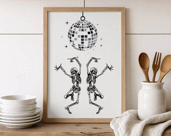 Dancing Skeleton Wall Print Halloween Printable Wall Art Disco Ball Poster Trendy Halloween Decor Halloween Skeleton Print Digital Download