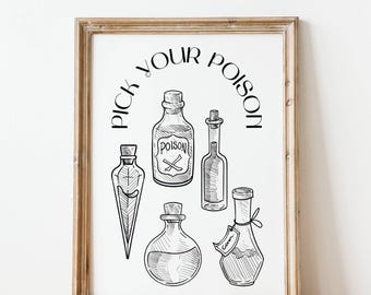Pick Your Poison Print Halloween afdrukbare muur kunst Halloween drankje print Bar Art wordt afgedrukt Retro Halloween decor Halloween keuken kunst