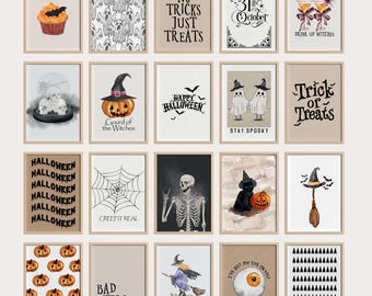 Puede incluir: Una colección de láminas artísticas enmarcadas con temática de Halloween. Las láminas presentan varias ilustraciones y textos espeluznantes, incluyendo calabazas, fantasmas, brujas y las frases "Trick or Treat" y "Happy Halloween". La paleta de colores incluye naranja, negro y beige.