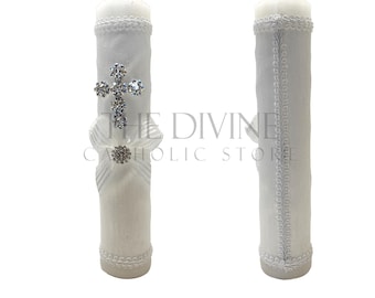 Baptism Candle | White Catholic Candle with Rhinestone Cross & Bow 8”