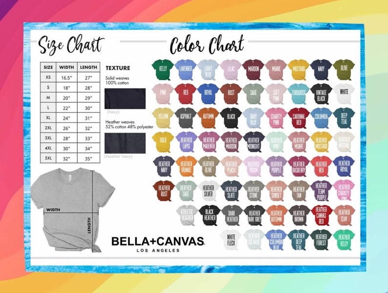 Pu&ograve; includere: Tabella delle taglie e dei colori per le magliette. La tabella mostra le diverse taglie, larghezze, lunghezze e trame delle magliette. La tabella dei colori mostra una variet&agrave; di colori per le magliette, tra cui Kelly, Lavanda, Lilla, Marrone, Malva, Senape, Blu navy, Oliva, Reale, Ruggine, Salvia, Rosa tenue, Turchese, Nero vintage, Bianco, Giallo, Asfalto, Autunno, Nero, Rosa carit&agrave;, Rosso cardinale, Blu Columbia, Blu scuro, Heather Magenta, Heather Maroon, Heather Midnight, Heather Pink, Heather Mauve, Heather Mustard, Heather Navy, Heather Olive, Heather Peach, Heather Purple, Heather Raspberry, Heather Red, Heather Royal, Heather Silver, Heather Slate, Heather Stone, Heather Sunset, Heather Tan, Heather Team Purple, Heather Charity, Nero, Heather scuro, Grigio scuro, Autunno, Marrone, Rosso tela, Argilla, Bianco macchiato, Heather Columbia Blue, Blu scuro, Heather Forest, Kelly.