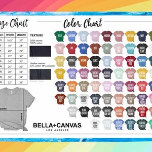 Pode incluir: Uma tabela de tamanhos e uma tabela de cores para camisetas. A tabela de tamanhos mostra a largura e o comprimento das camisetas em polegadas. A tabela de cores mostra uma variedade de cores para as camisetas. O texto "Bella + Canvas Los Angeles" est&aacute; na parte inferior da tabela.
