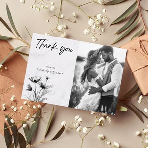 Cartes de remerciement de mariage avec photo | Thème de mariage fleurs sauvages | Mariage de fleurs sauvages | Merci modèle de mariage