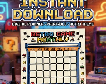 Retro Game Monthly Planner PDF, Pixel Art Goal Tracker, Gamer Room Organization Page
