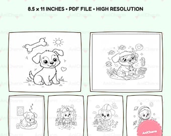 10 páginas para colorear de cachorros en PDF, hojas de actividades para perros, libro imprimible para niños, descarga instantánea.