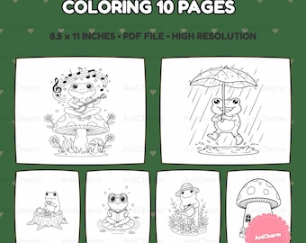 May include: A digital coloring book set titled COTTAGECORE FROG COLORING 10 PAGES 8.5 x 11 INCHES PDF FILE HIGH RESOLUTION. The image displays six black and white line art illustrations of frogs in various settings, including playing a banjo, holding an umbrella in the rain, drinking tea, reading a book, gardening, and sitting by a mushroom house.