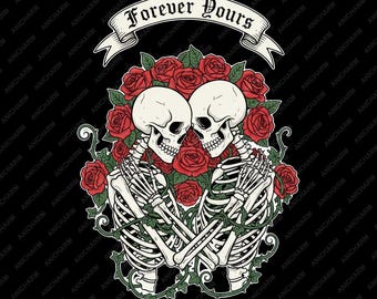 Forever Yours PNG Skeleton Hug Art Gothic Rose Clipart Red Floral Skull Digital Download