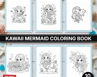 10 Mermaid Coloring Pages PDF, Chibi Underwater Activity Book, Sea Life Printable Sheets