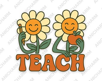 Retro Teach PNG, Groovy Daisy Teacher Clipart, 70s School Sublimation Design