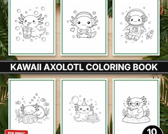 Puede incluir: Un libro de colorear digital titulado KAWAII AXOLOTL COLORING BOOK que contiene 10 páginas de ilustraciones en blanco y negro de ajolotes realizando diversas actividades como jugar, explorar el espacio y celebrar cumpleaños.