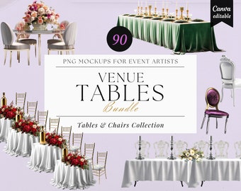 May include: A set of 90 PNG mockups for event artists featuring various table and chair arrangements. The mockups include round tables with white linens and floral centerpieces, a long rectangular table with a green tablecloth, and a variety of chairs, including gold chiavari chairs, white and purple upholstered chairs.