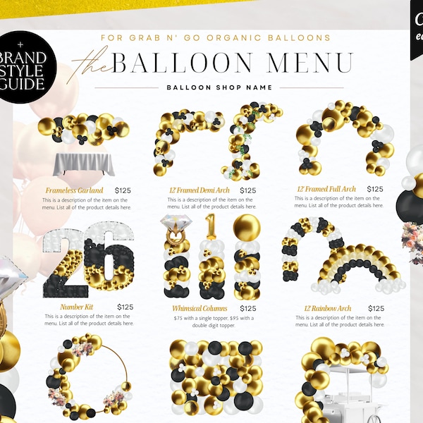 GOLD & BLACK BALLOON Pricing Menu Template - Prix du menu ballon, prix de la boutique ballon, menu entreprise ballon, modèle de menu événement