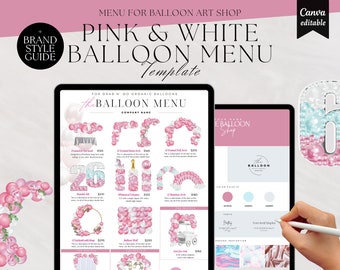 May include: A pink and white balloon menu template for a balloon art shop. The menu features different balloon arrangements, including garlands, arches, numbers, and a balloon cart. The menu also includes a color palette and font choices.