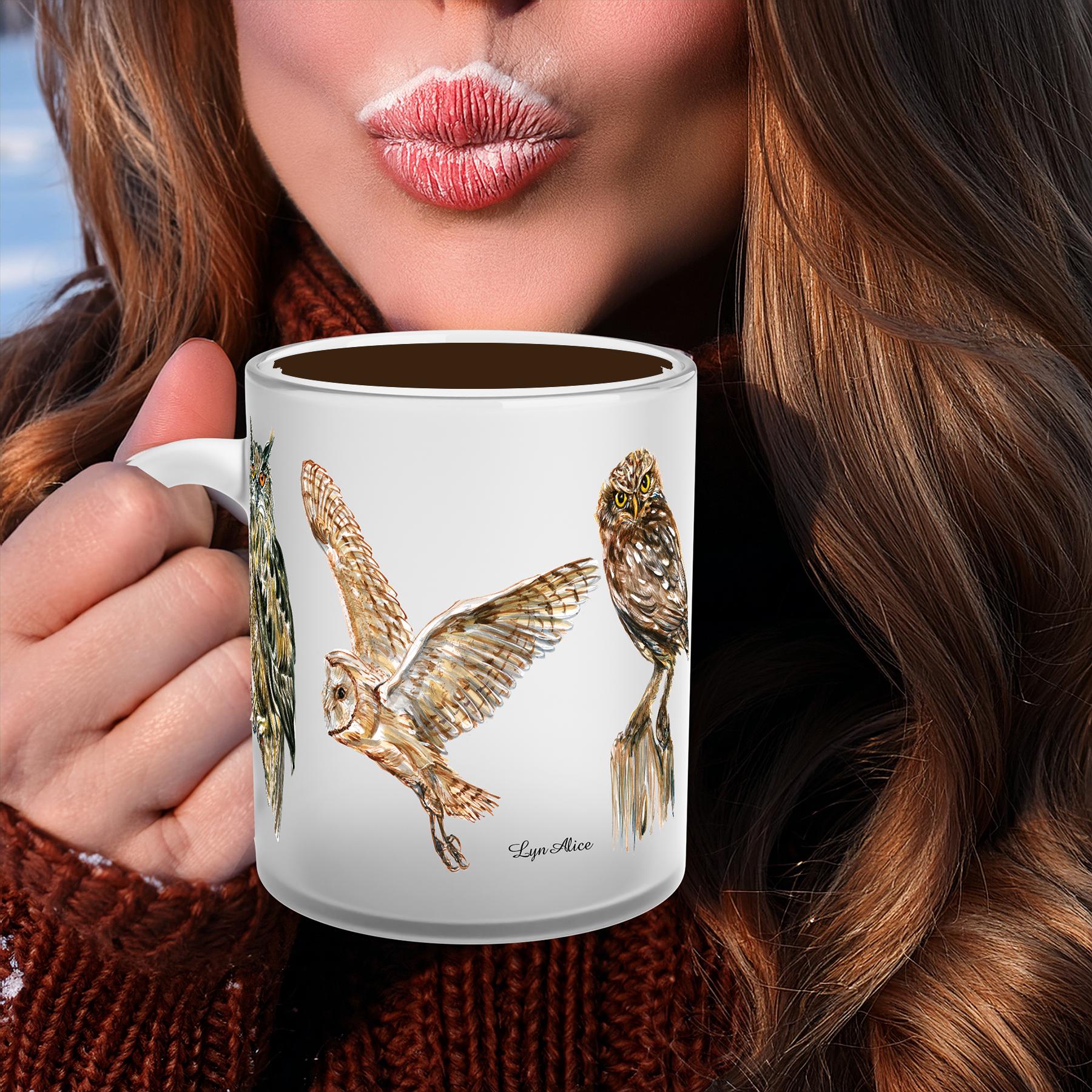 Owl Mug, Nature Lovers Stainless Steel Coffee Cup, Wildlife Gift, Unique Nature Design, Owls by Lyn