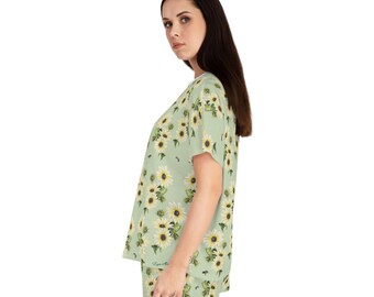 Conjunto de pijama com estampa de girassol e abelhas, pijamas Garden Life, conjunto de pijama feminino, presente para amantes de abelhas e flores, pijama com estampa de girassol