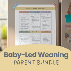 Puede incluir: Un refrigerador con una guía impresa titulada "Baby-Led Weaning Stages" se muestra. La guía está dividida en secciones para diferentes rangos de edad, ofreciendo consejos sobre la introducción de alimentos sólidos a los bebés. La parte inferior de la imagen tiene el texto "Baby-Led Weaning Parent Bundle".