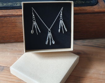 Cutlery Earrings and Necklace Set 925 Sterling Silver Chain and Earring Hooks Free Delivery Gift Box and Gift Card Included