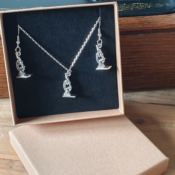 Mini Microcsope Necklace & Earring Set 925 Sterling Silver  Science Jewelry Doctor Biology Medical Research Pathologist Student Teacher Gift