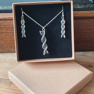 Set di gioielli DNA, collana e orecchini DNA, gioielli a doppia elica, regalo a doppia elica, gioielli scientifici, gioielli in argento DNA, biologia