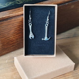 Hammer and Wrench Asymmetric Earrings with 925 sterling Silver Hooks (Hypoallergenic) DIY, Repair, Toolkit, Art and Design, Unique Gifts