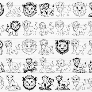 赤ちゃんライオン SVG、ライオン SVG、赤ちゃんライオンのシルエット、かわいい赤ちゃんライオンのクリップアート、赤ちゃんサファリ動物 SVG、ライオンの頭のカットファイル、ライオンの顔 SVG、Png、Dxf