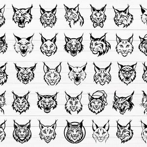Puede incluir: Una colección de 36 ilustraciones en blanco y negro de caras de lince. Cada ilustración presenta una pose y una expresión diferente del lince.