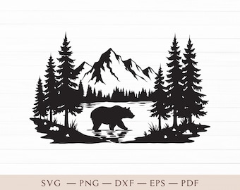 Bear in Forest SVG, Bear Silhouette DXF, Layered Laser Cut File for Glowforge, Mountain Cabin Wall Art Eps, Wildlife Scene PNG Vector