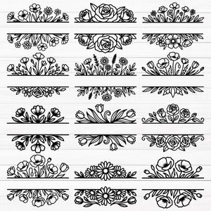Puede incluir: Una colección de dieciocho marcos de monograma divididos florales en blanco y negro dispuestos en una cuadrícula. Cada diseño presenta una línea horizontal que separa varias ilustraciones botánicas, incluyendo rosas, margaritas, tulipanes y amapolas.