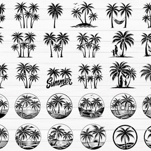 Puede incluir: Una colección de ilustraciones vectoriales en blanco y negro que presentan varios diseños de palmeras, escenas de islas tropicales, hamacas, siluetas de personas y emblemas circulares con motivos de atardecer, incluyendo la palabra Summer.