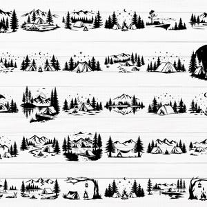 May include: A collection of 20 black and white illustrations of camping scenes. Each scene features a tent, trees, mountains, and other camping elements. The illustrations are perfect for use in scrapbooking, card making, or other craft projects.