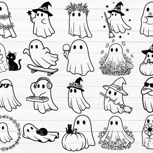 Pu&ograve; includere: Una collezione di illustrazioni di fantasmi in bianco e nero. Ogni fantasma &egrave; raffigurato in una posa unica, con accessori come cappelli da strega, occhiali da sole e corone di fiori, o che tiene oggetti come un pallone da basket, una scopa o un libro. Alcuni fantasmi sono accompagnati da un gatto nero.