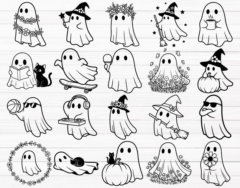 Pu&ograve; includere: Una collezione di illustrazioni di fantasmi in bianco e nero. Ogni fantasma &egrave; raffigurato in una posa unica, con accessori come cappelli da strega, occhiali da sole e corone di fiori, o che tiene oggetti come un pallone da basket, una scopa o un libro. Alcuni fantasmi sono accompagnati da un gatto nero.