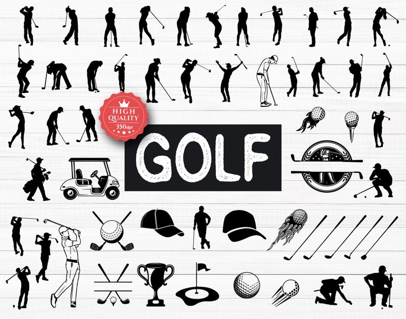 May include: Black and white silhouette illustrations of golfers, golf clubs, golf balls, a golf cart, a trophy, and the word "GOLF" in white text on a black background.
