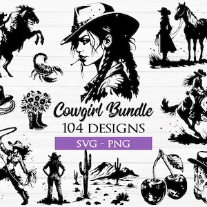 Cowgirl SVG Bundle, Retro Cowgirl Svg, Rodeo svg, Cowgirl Silhouette, Western Svg, Vintage Cowgirl Svg,  Cowgirl Boots Svg, Cowgirl Png