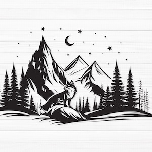 May include: Black and white silhouette of a fox standing on a mountain peak with a crescent moon and stars in the sky. The fox is surrounded by trees and mountains.