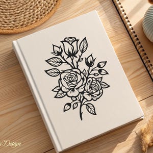 May include: A black and white illustration of a bouquet of roses with leaves and buds. The roses are stylized and have a vintage feel.