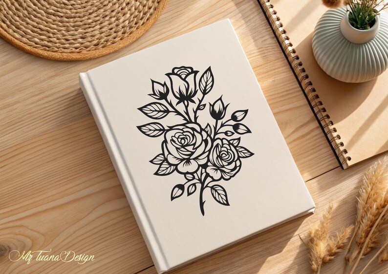 May include: A black and white illustration of a bouquet of roses with leaves and buds. The roses are stylized and have a vintage feel.