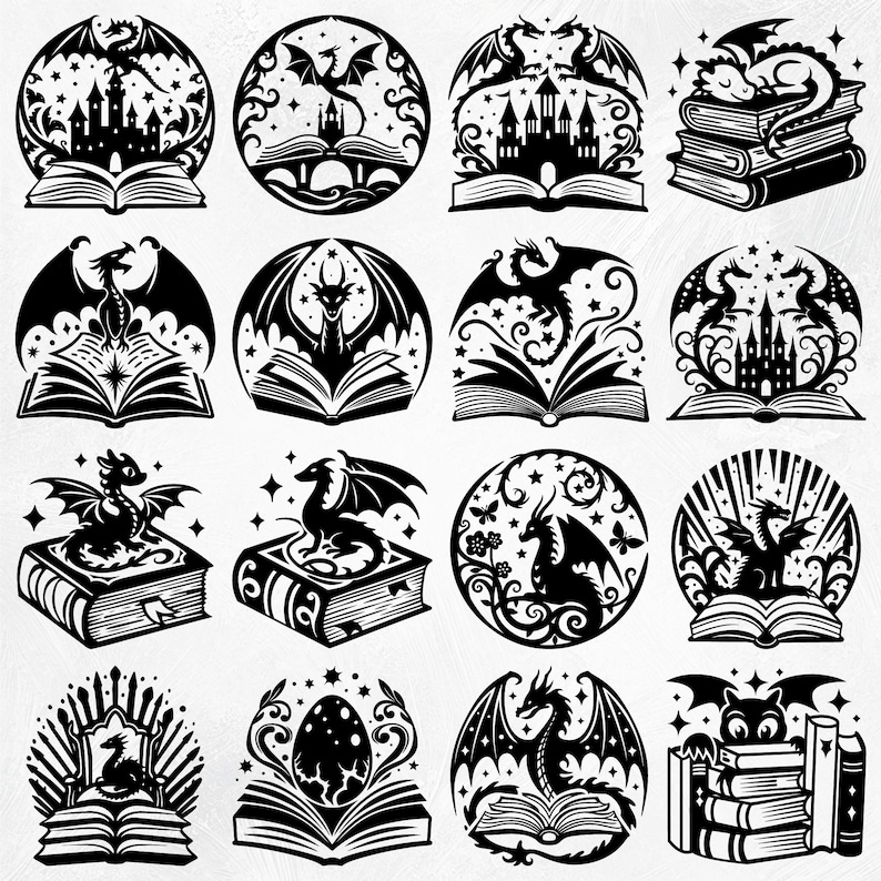 Op de afbeelding: Een set van 12 zwart-witte digitale clipart-afbeeldingen met draken, boeken en kastelen. De afbeeldingen zijn perfect voor knutselprojecten, scrapbooking en digitaal ontwerp.