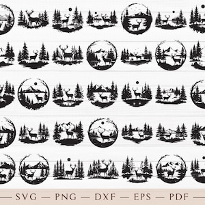 May include: A set of 36 black and white SVG cut files featuring a deer in a woodland scene. The deer are standing in a variety of poses, and the woodland scenes include trees, mountains, and a lake.